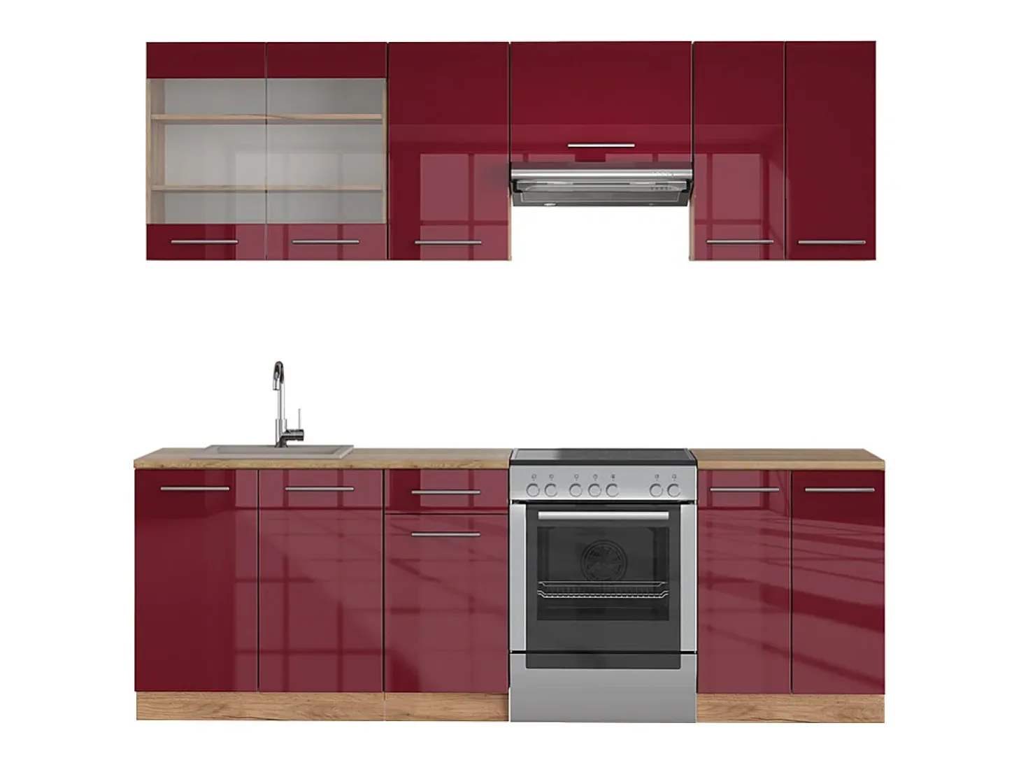 Mueble de cocina burdeos brillo intenso/roble dorado 240x46x81.6 fame-line