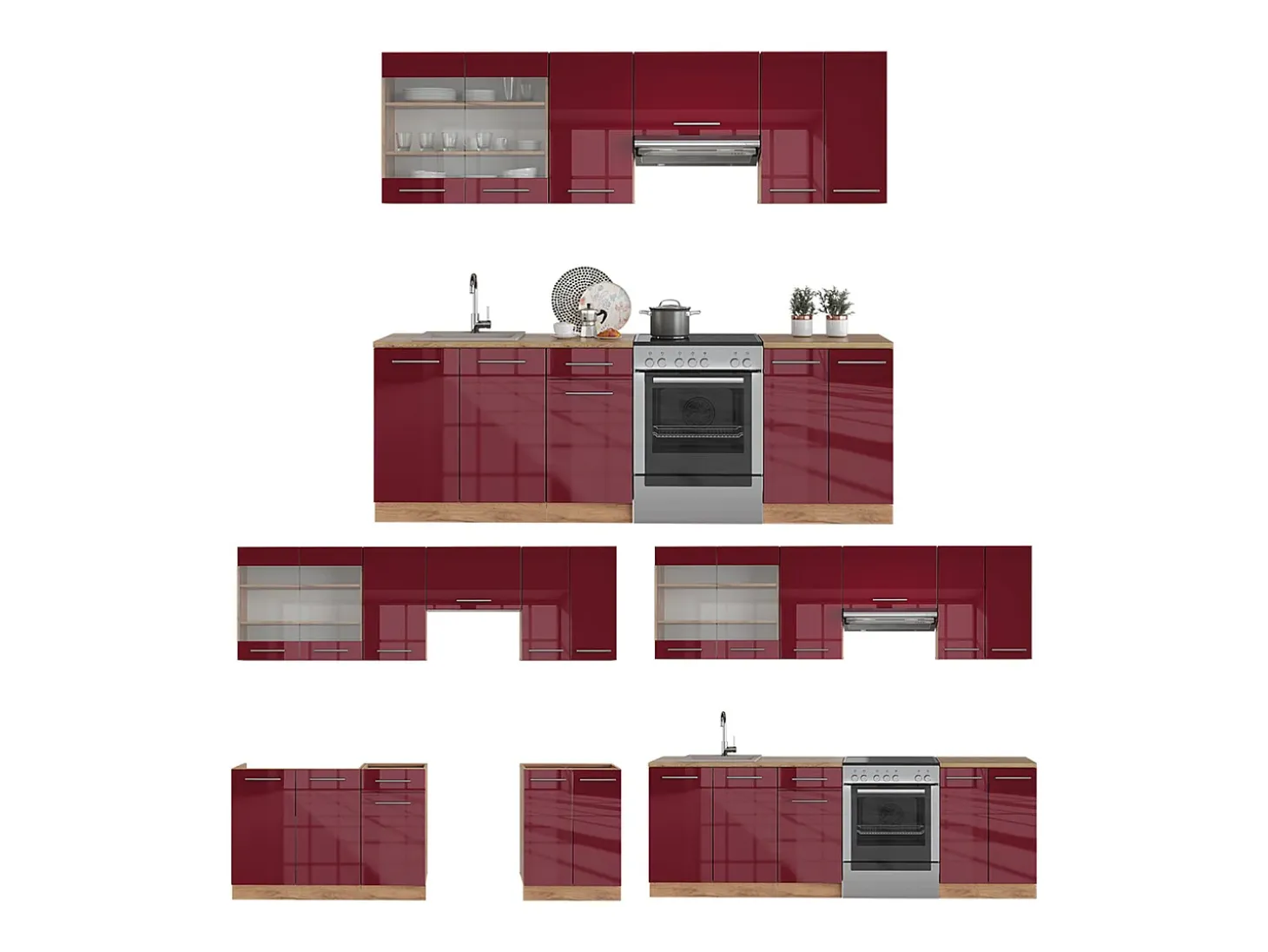 Mueble de cocina burdeos brillo intenso/roble dorado 240x46x81.6 fame-line