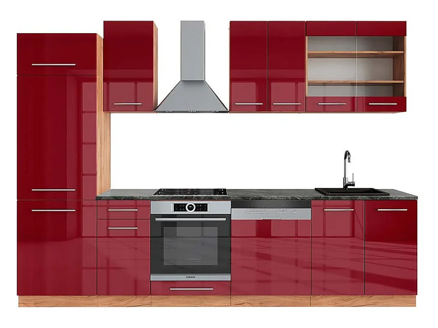 Mueble de cocina burdeos brillo intenso/roble dorado 300x60x81.6 fame-line