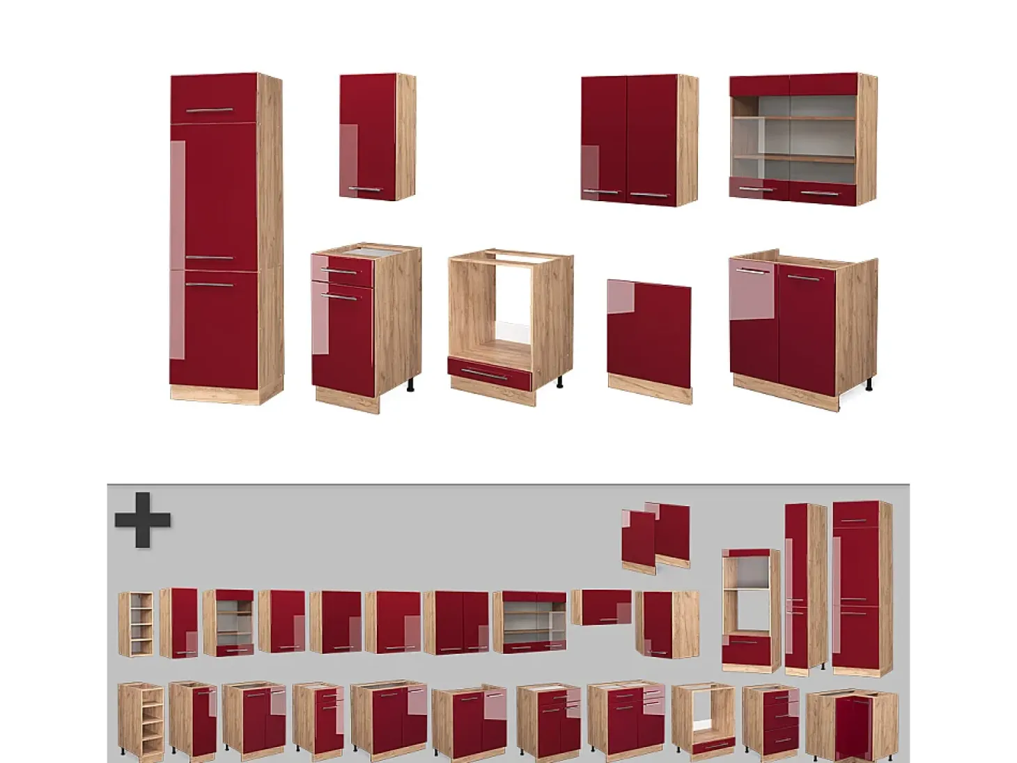 Mueble de cocina burdeos brillo intenso/roble dorado 300x60x81.6 fame-line