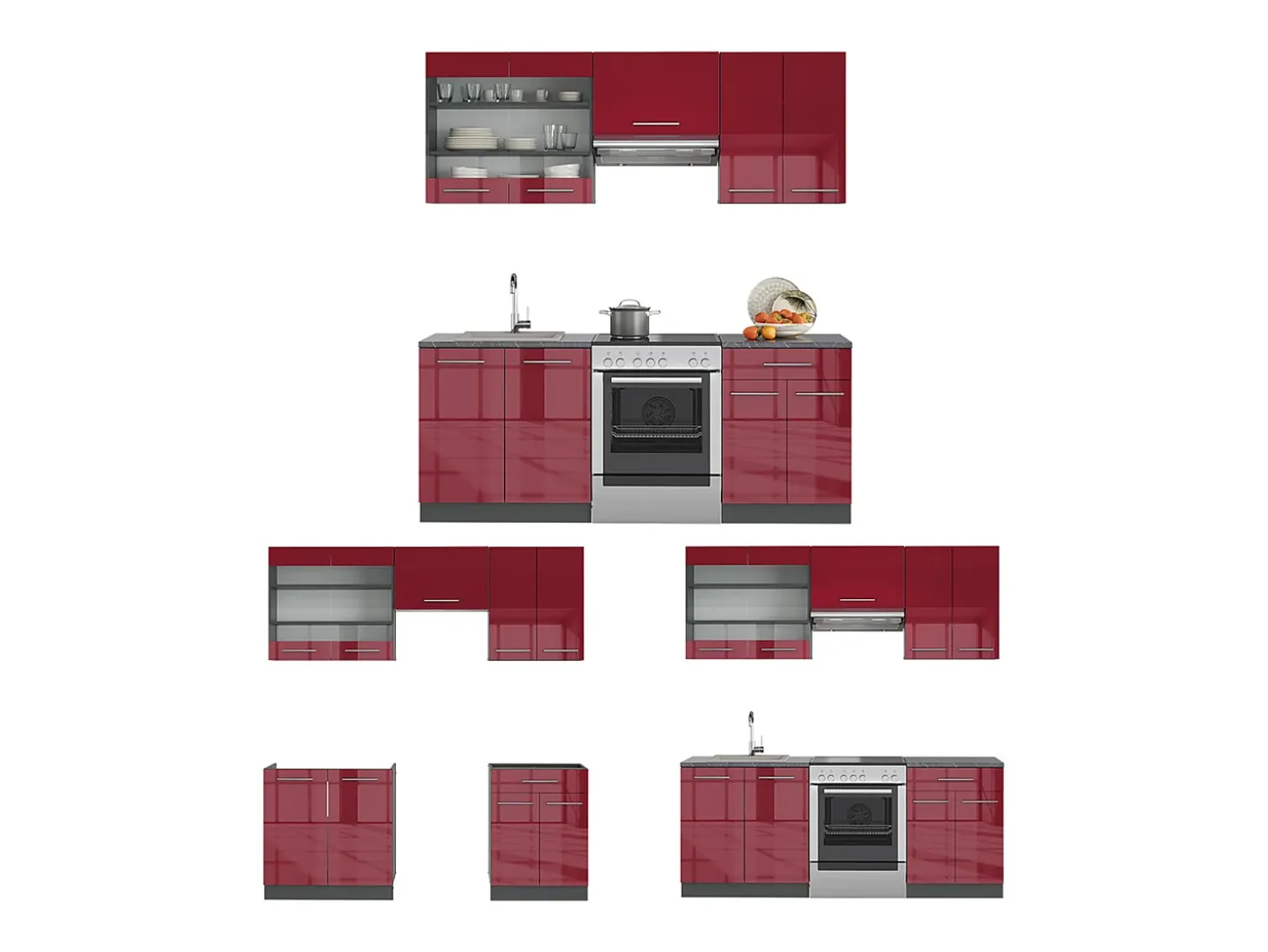 Mueble de cocina burdeos brillo intenso/antracita 200x60x81.6 fame-line