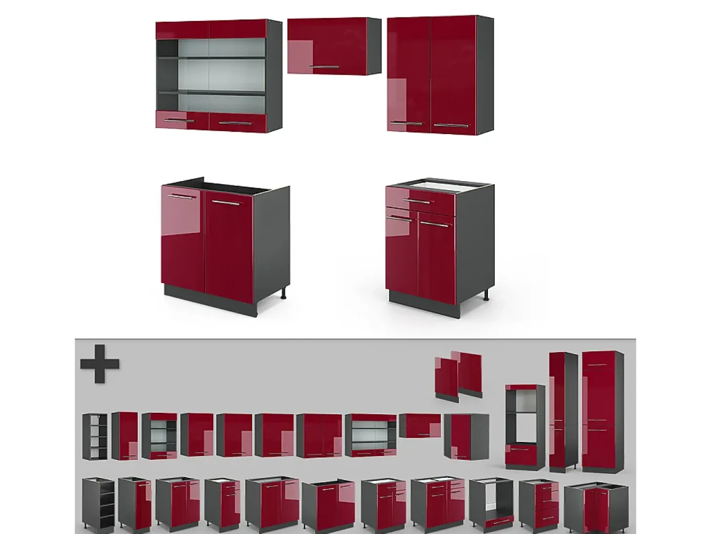 Mueble de cocina burdeos brillo intenso/antracita 200x60x81.6 fame-line