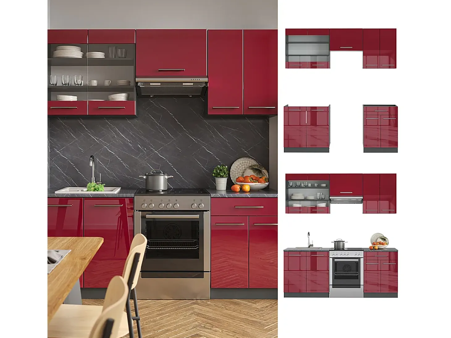 Mueble de cocina burdeos brillo intenso/antracita 200x60x81.6 fame-line
