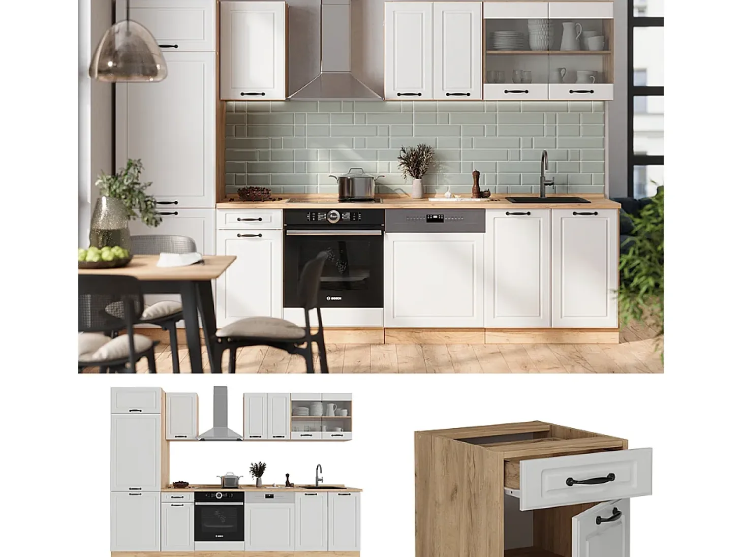 Mueble de cocina casa de campo blanca/roble dorado 300x60x81.6 r-line