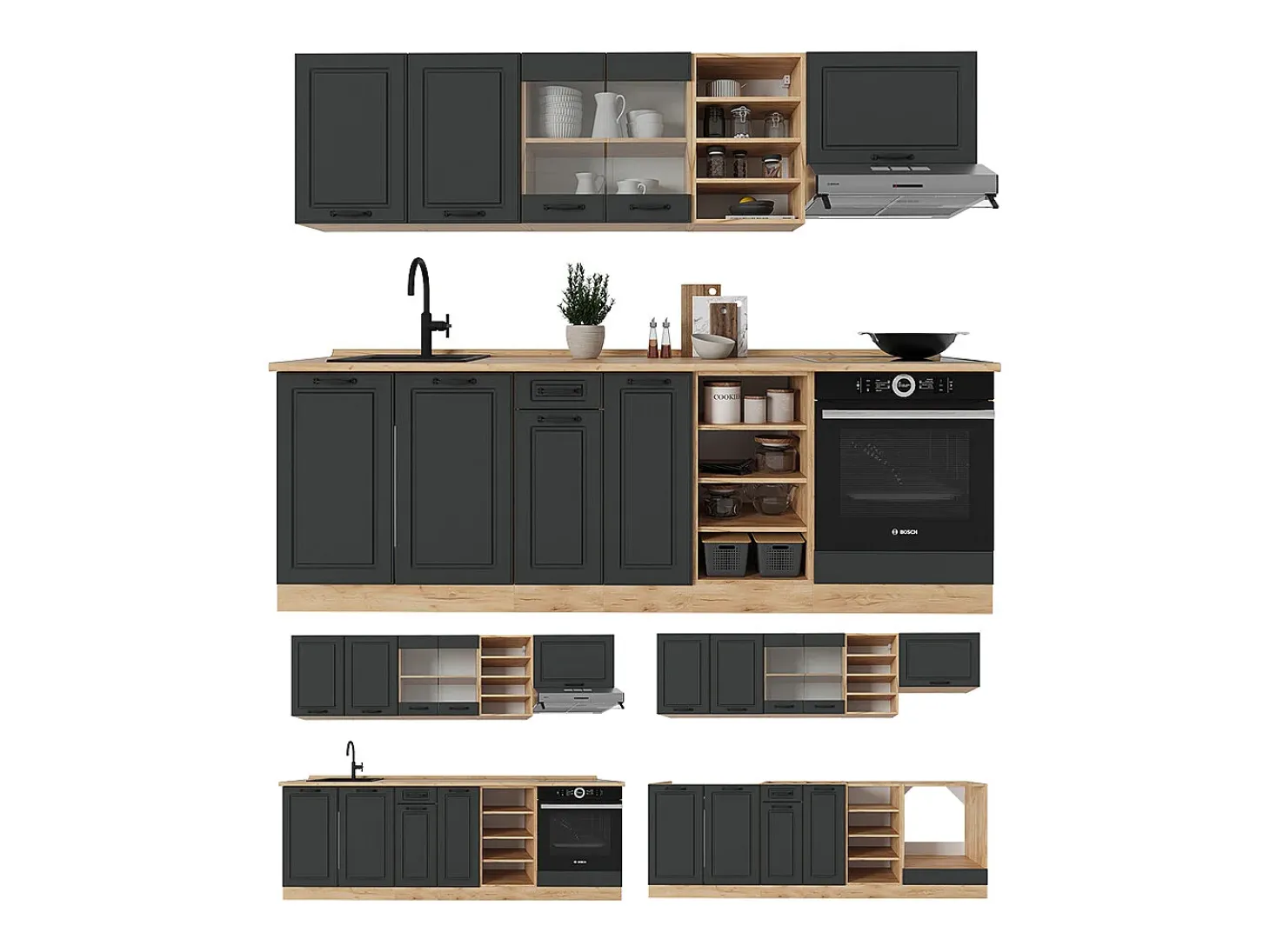 Mueble de cocina casa de campo antracita/roble dorado 240x46x81.6 r-line