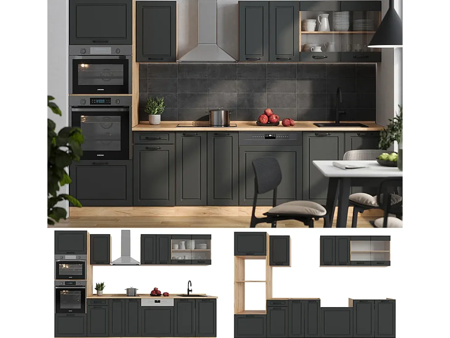 Mueble de cocina casa de campo antracita/roble dorado 300x60x81.6 r-line