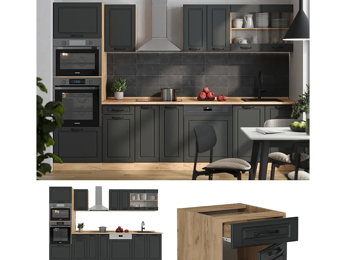 Mueble de cocina casa de campo antracita/roble dorado 300x60x81.6 r-line