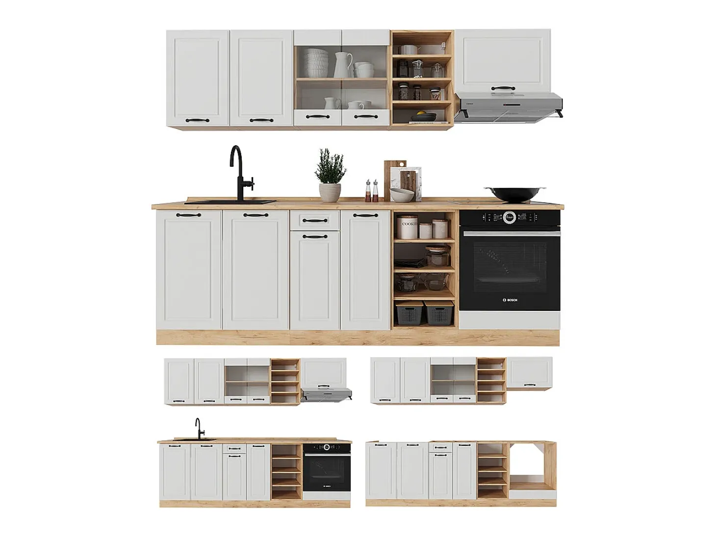 Mueble de cocina casa de campo blanca/roble dorado 240x60x81.6 r-line