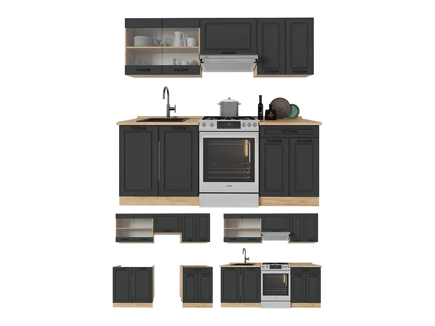 Mueble de cocina casa de campo antracita/roble dorado 200x60x81.6 r-line
