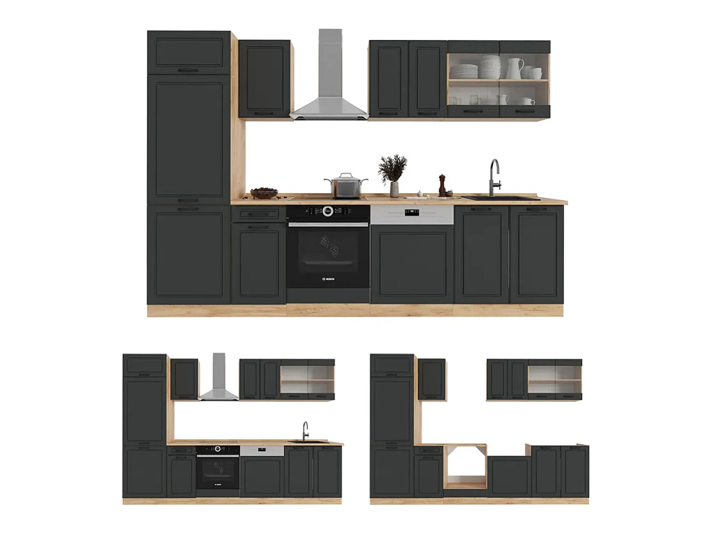 Mueble de cocina casa de campo antracita/roble dorado 300x60x81.6 r-line