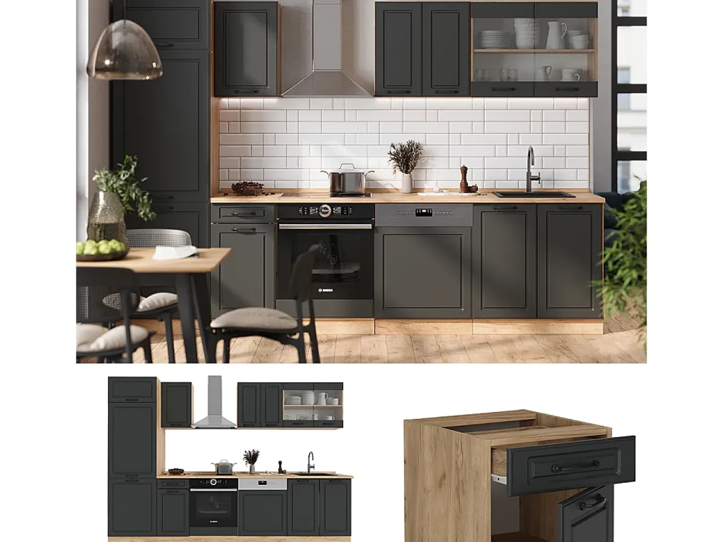 Mueble de cocina casa de campo antracita/roble dorado 300x60x81.6 r-line