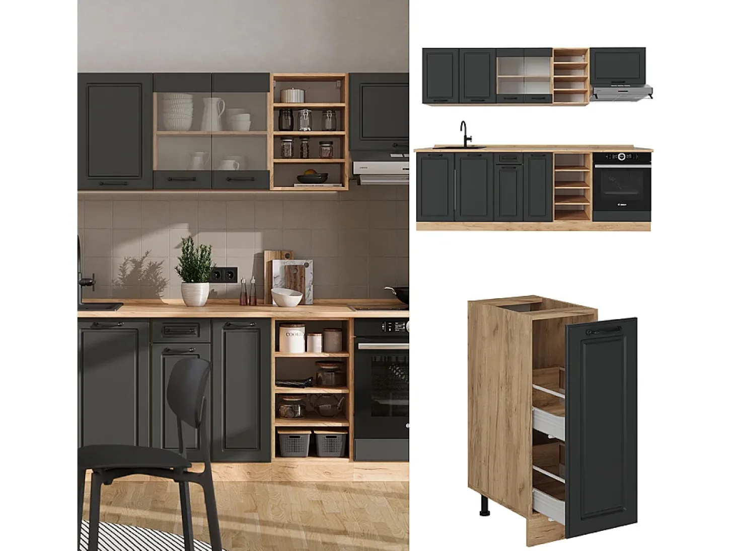 Mueble de cocina casa de campo antracita/roble dorado 240x60x81.6 r-line