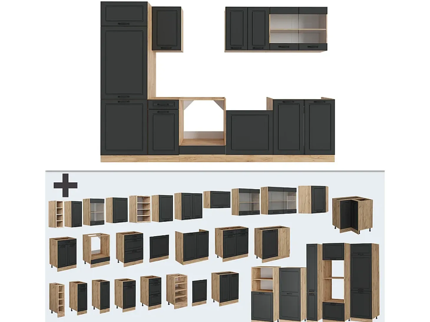 Mueble de cocina casa de campo antracita/roble dorado 300x60x81.6 r-line