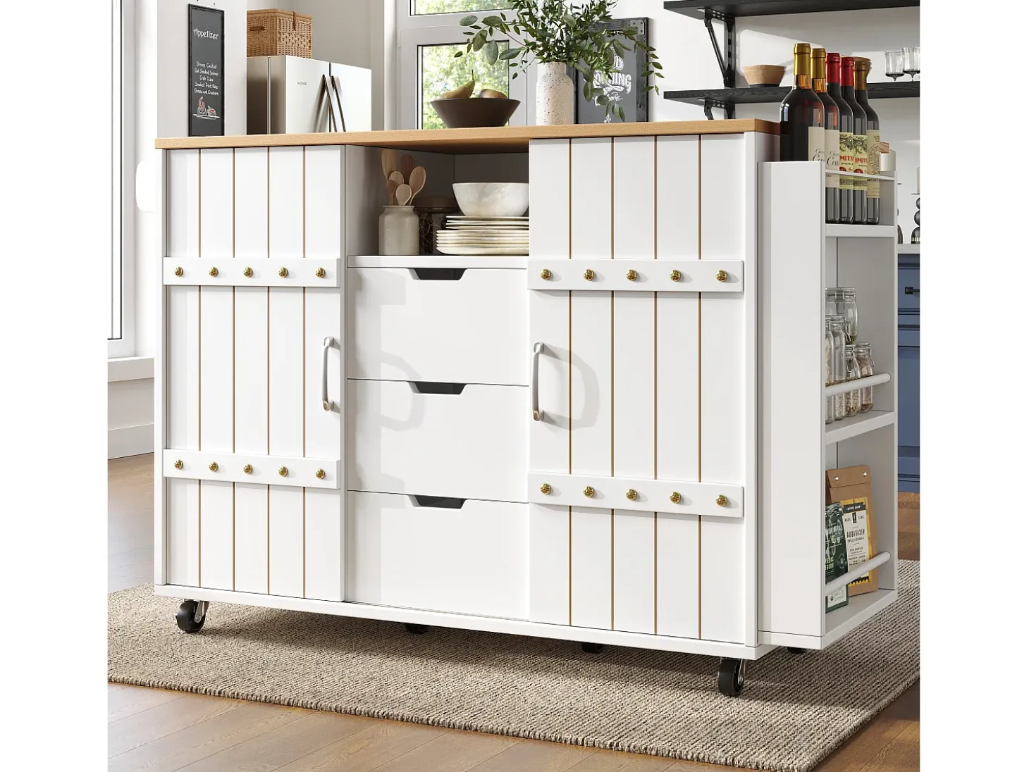 Mueble de cocina con ruedas, encimera, estantes y cajones, blanco, puertas correderas, toallero (110x42x90 cm)