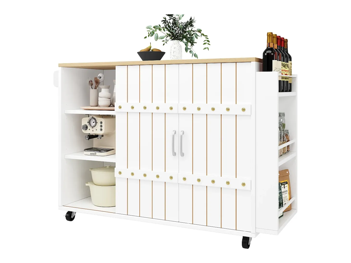 Mueble de cocina con ruedas, encimera, estantes y cajones, blanco, puertas correderas, toallero (110x42x90 cm)