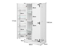 Mueble de cocina de 128,5 cm, estilo rústico, LED, 2 puertas, estantes regulables, blanco
