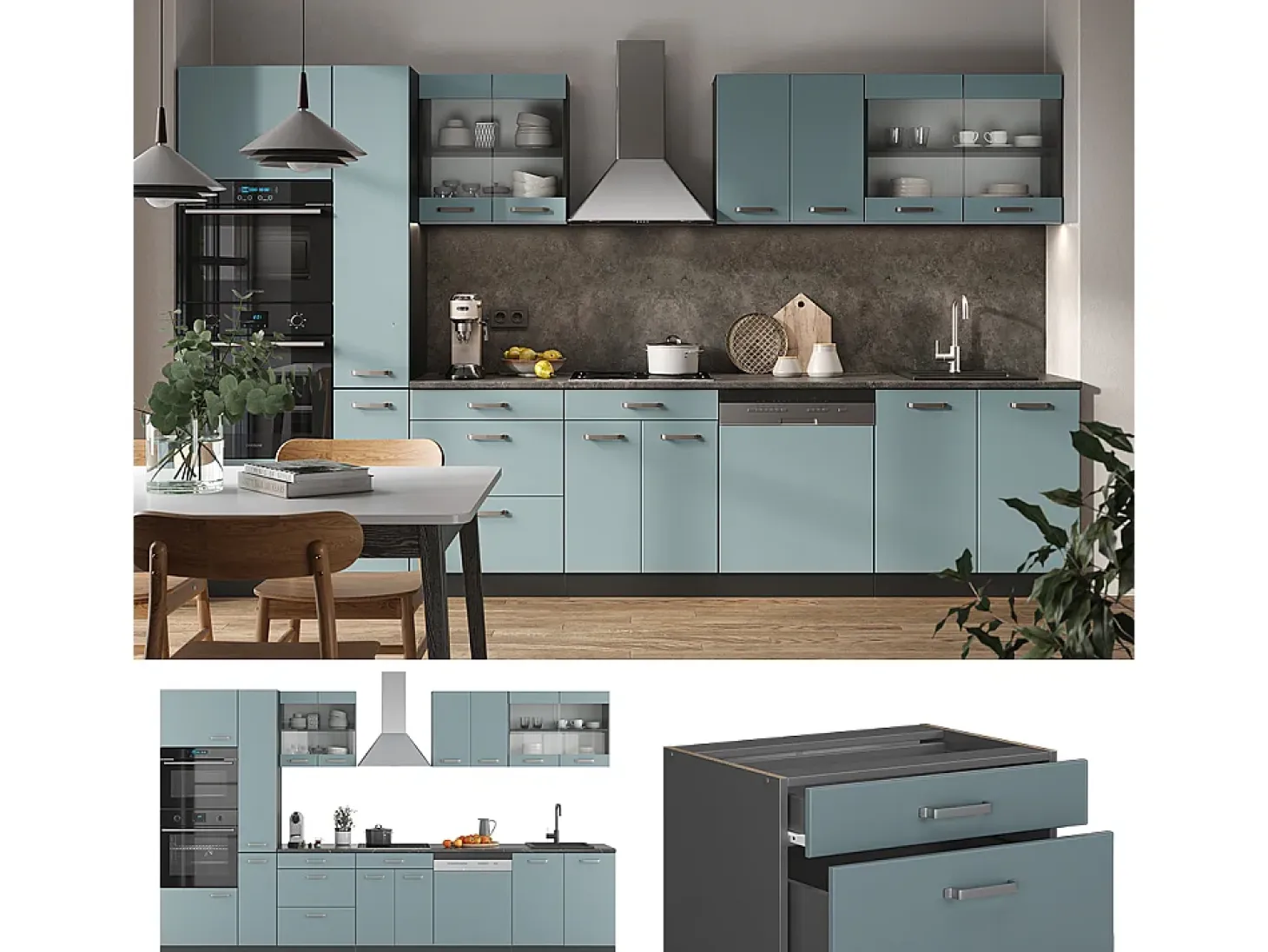 Mueble de cocina gris azulado/antracita 350x60x81.6 r-line