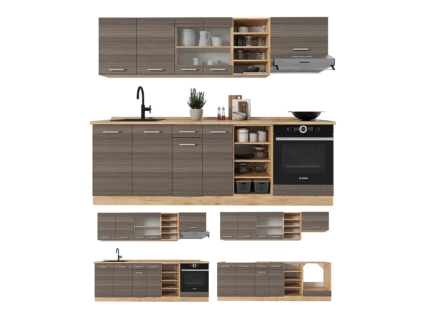 Mueble de cocina gris noble/roble dorado 240x60x81.6 r-line