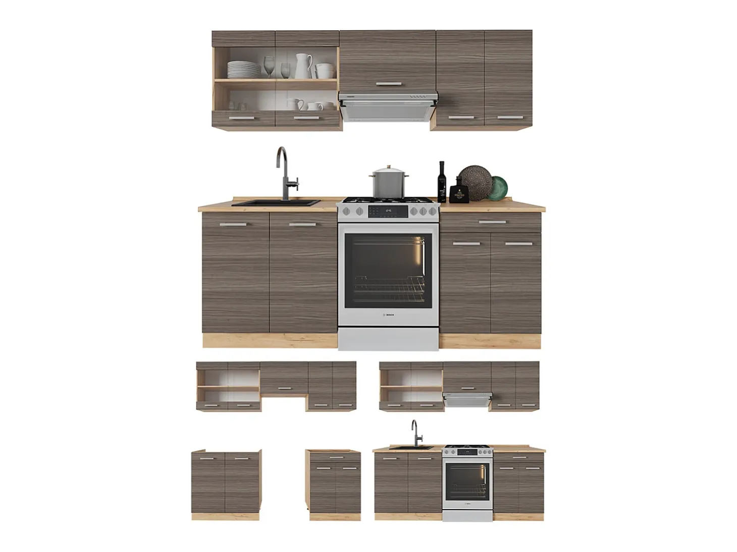 Mueble de cocina gris noble/roble dorado 200x60x81.6 r-line