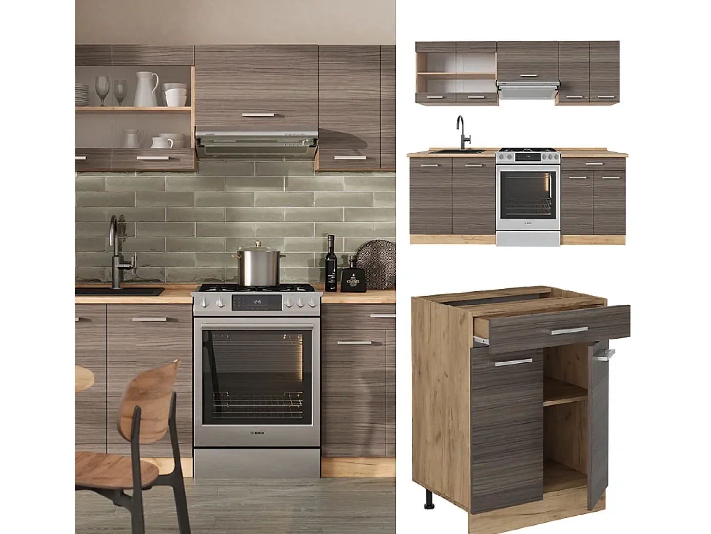 Mueble de cocina gris noble/roble dorado 200x60x81.6 r-line