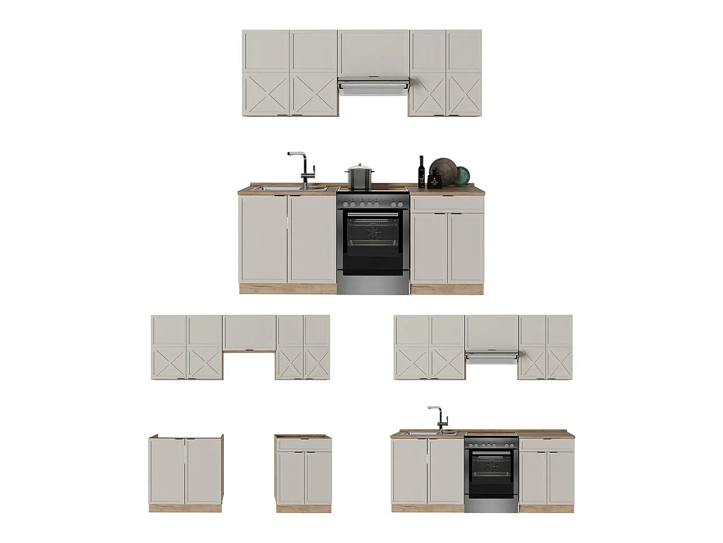 Mueble de cocina gris/beige/roble dorado 200x60x81.6 fame-line