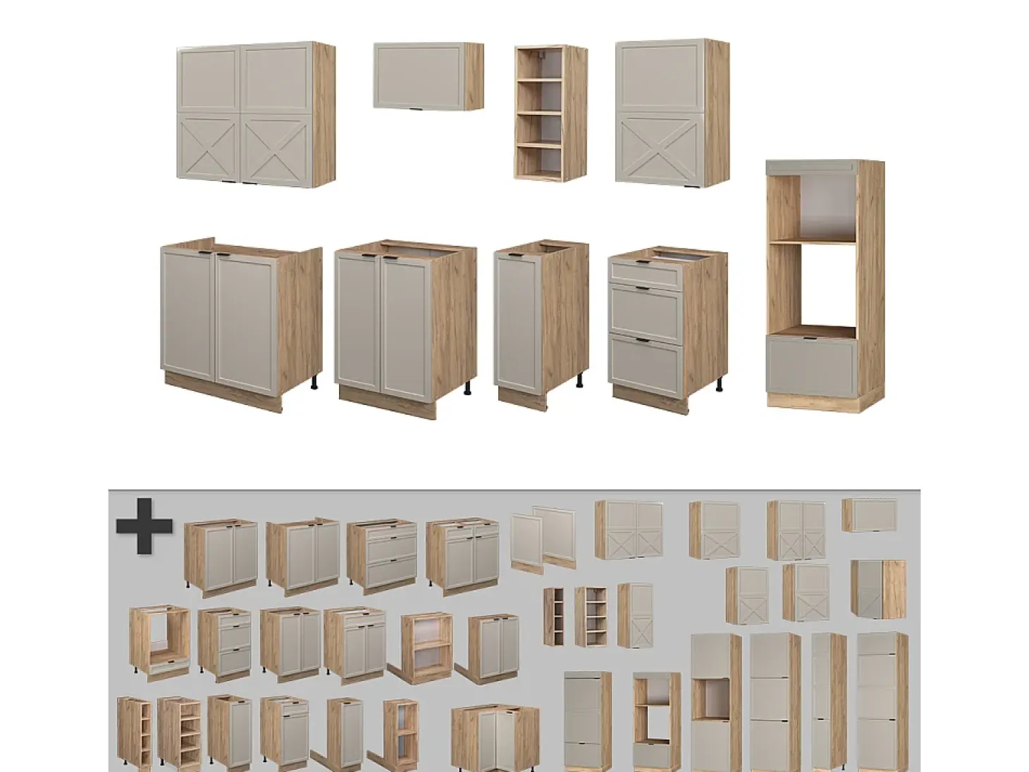 Mueble de cocina gris/beige/roble dorado 280x46x81.6 fame-line