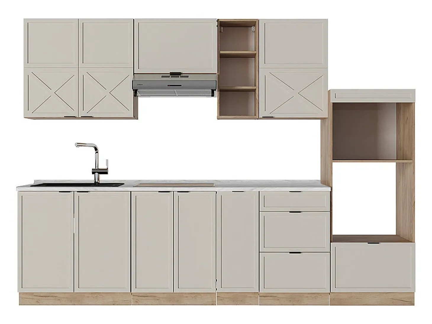 Mueble de cocina gris/beige/roble dorado 280x46x81.6 fame-line