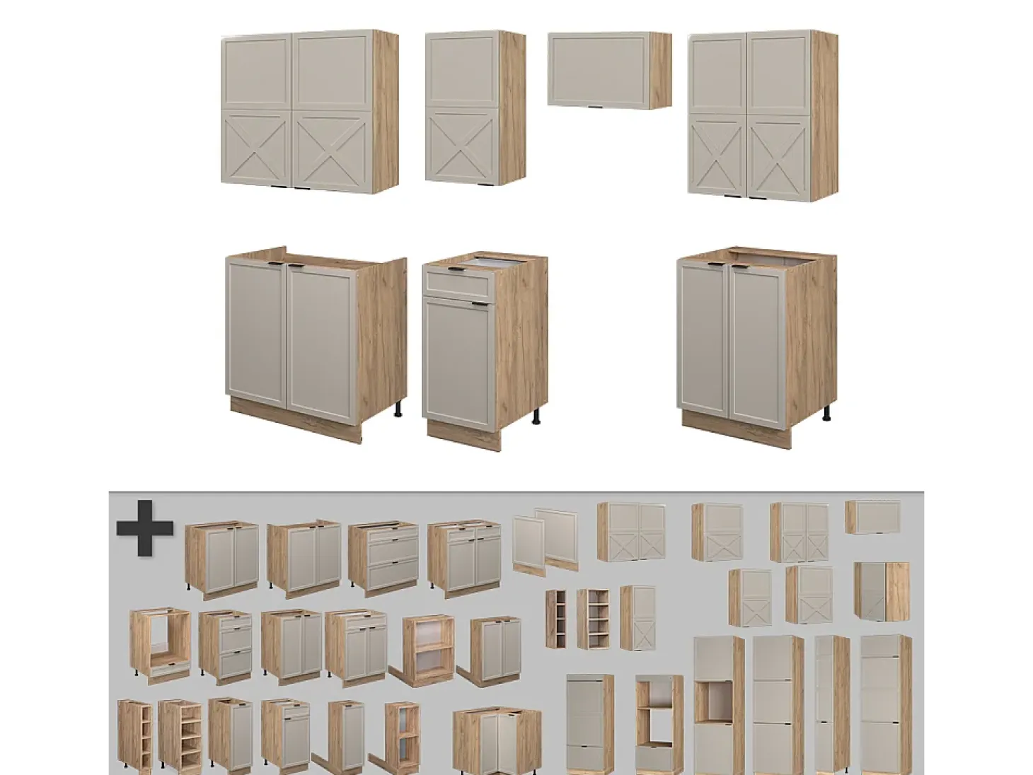 Mueble de cocina gris/beige/roble dorado 240x46x81.6 fame-line