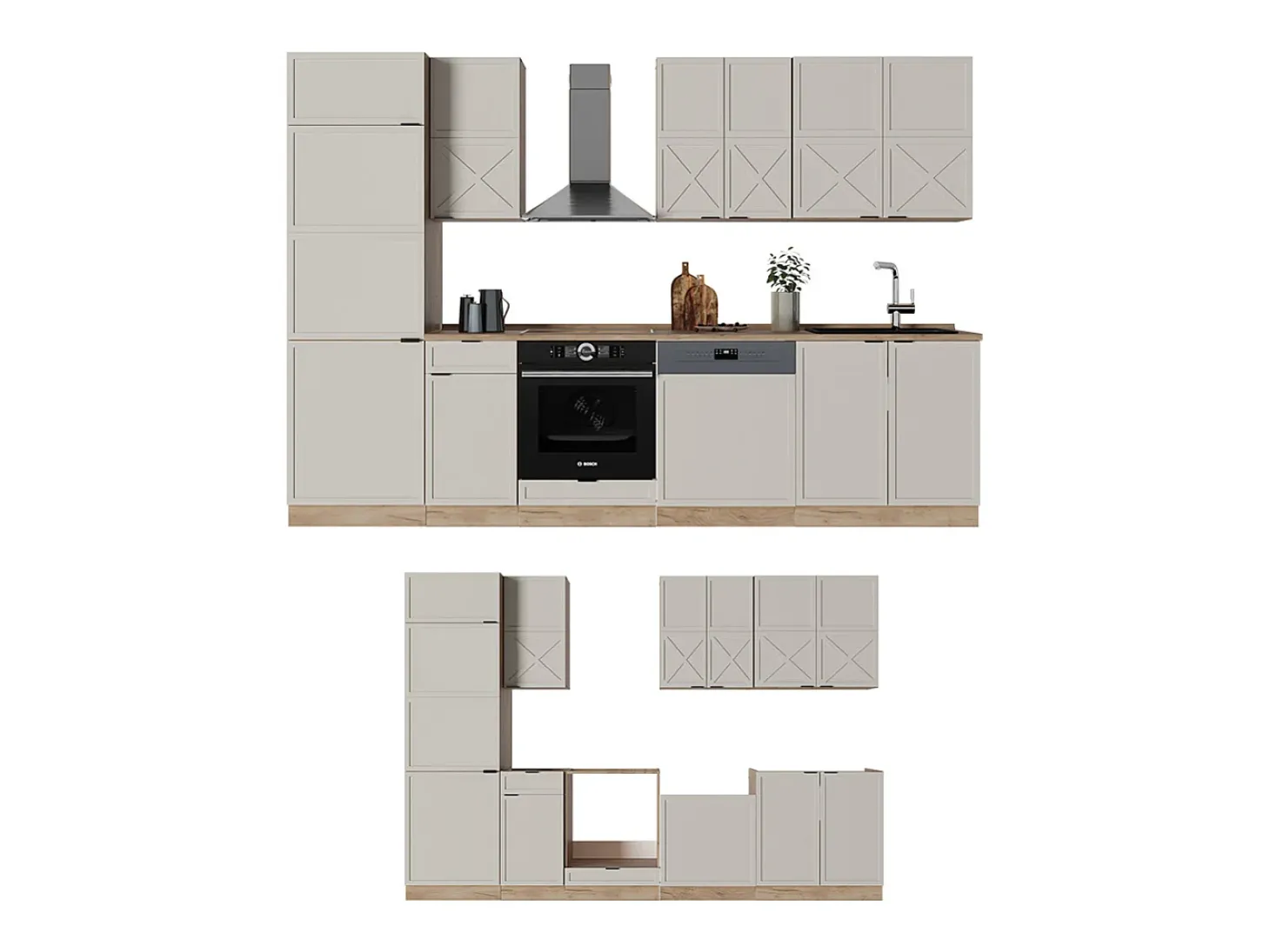 Mueble de cocina gris/beige/roble dorado 300x60x81.6 fame-line