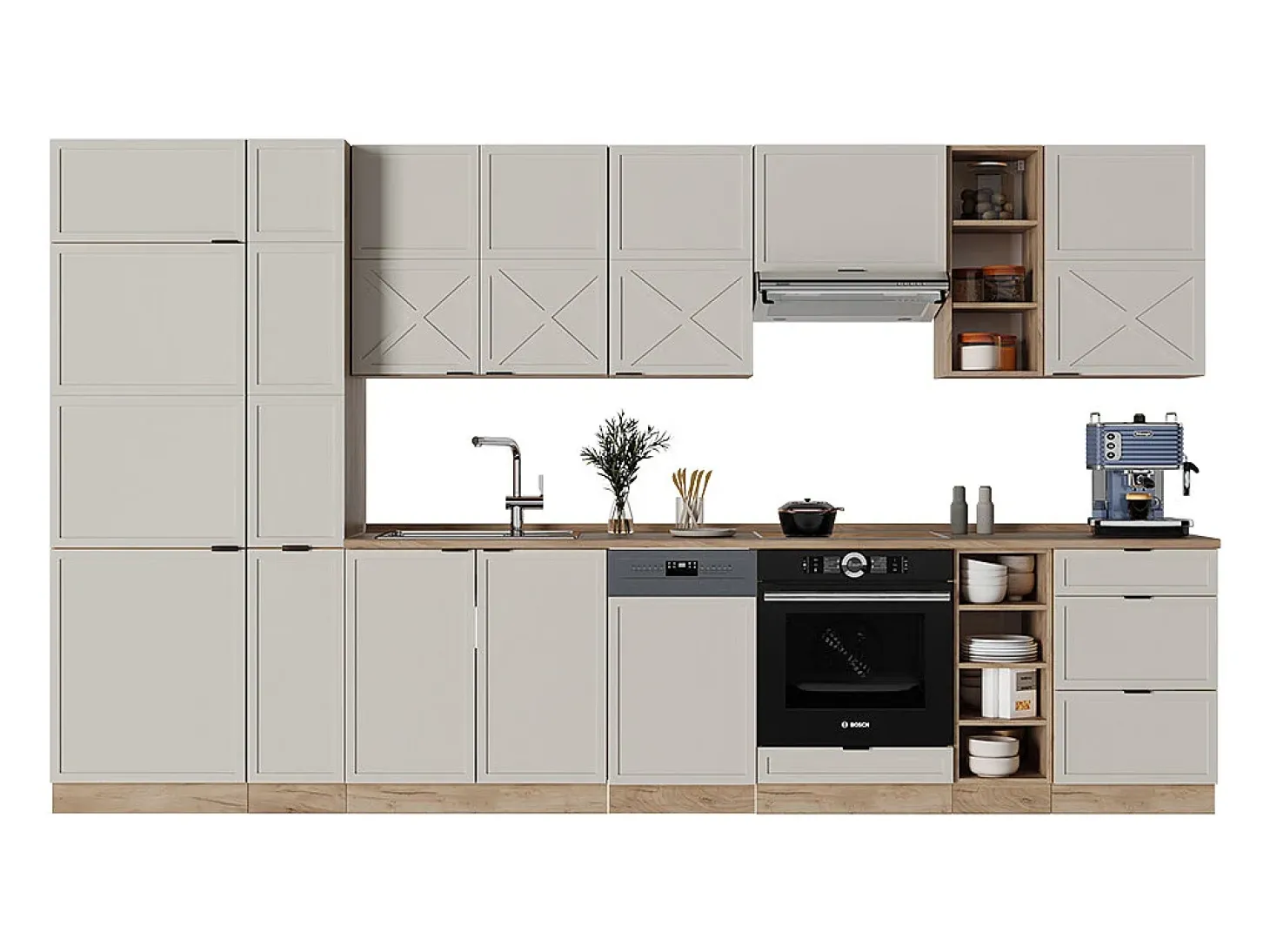 Mueble de cocina gris/beige/roble dorado 355x60x81.6 fame-line