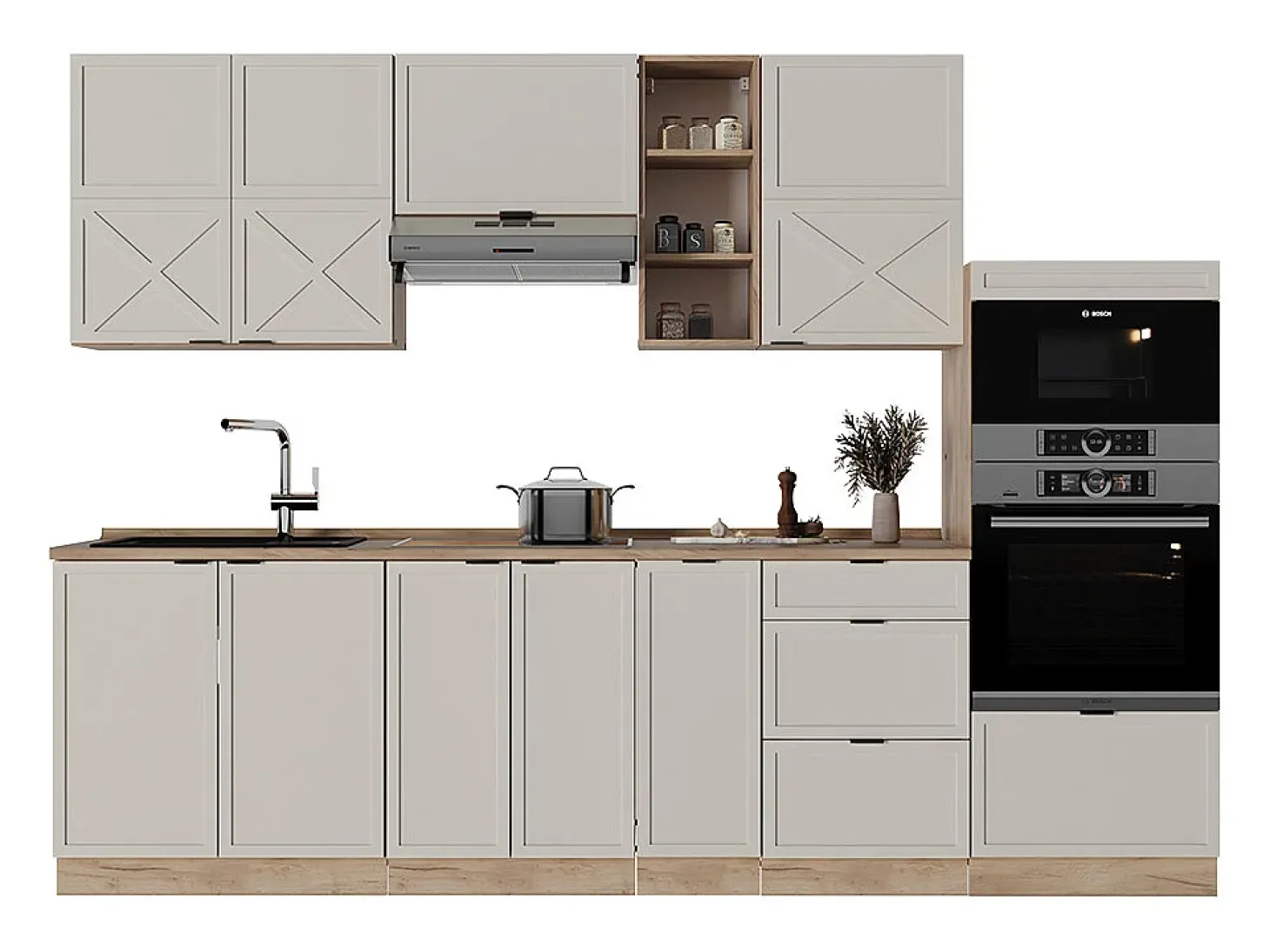 Mueble de cocina gris/beige/roble dorado 280x60x81.6 fame-line