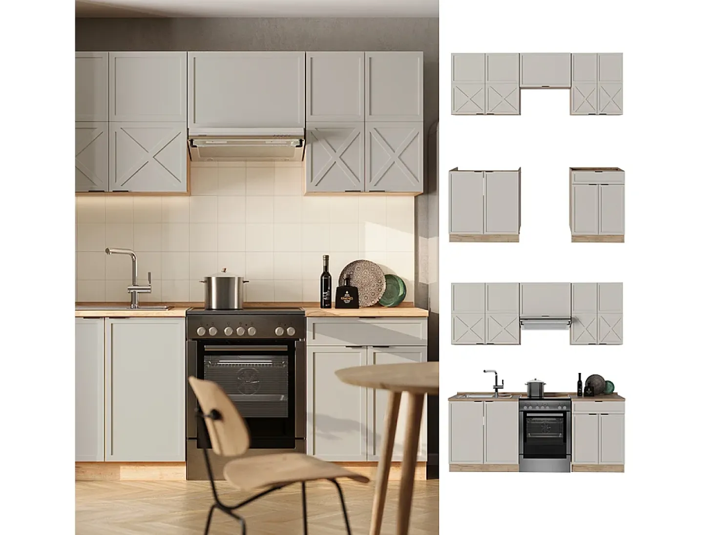 Mueble de cocina gris/beige/roble dorado 200x46x81.6 fame-line