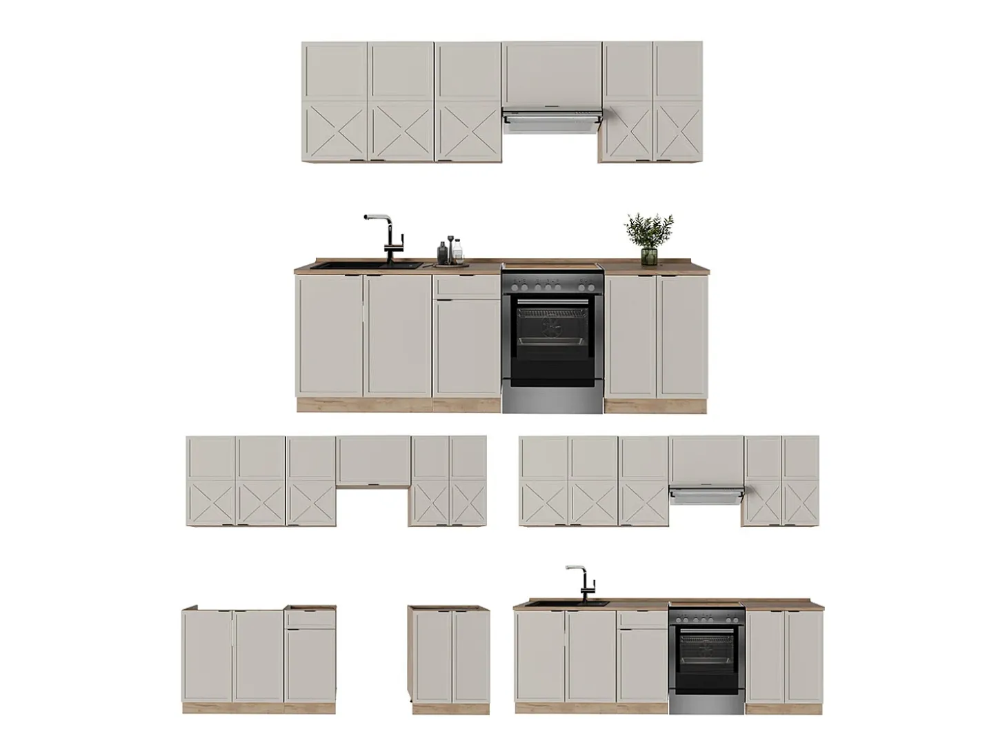 Mueble de cocina gris/beige/roble dorado 240x60x81.6 fame-line