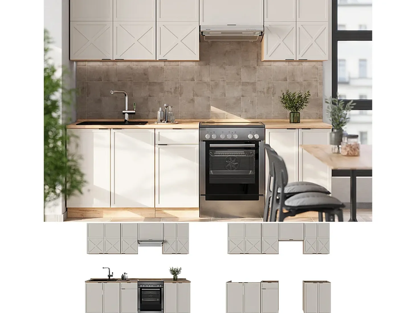 Mueble de cocina gris/beige/roble dorado 240x60x81.6 fame-line