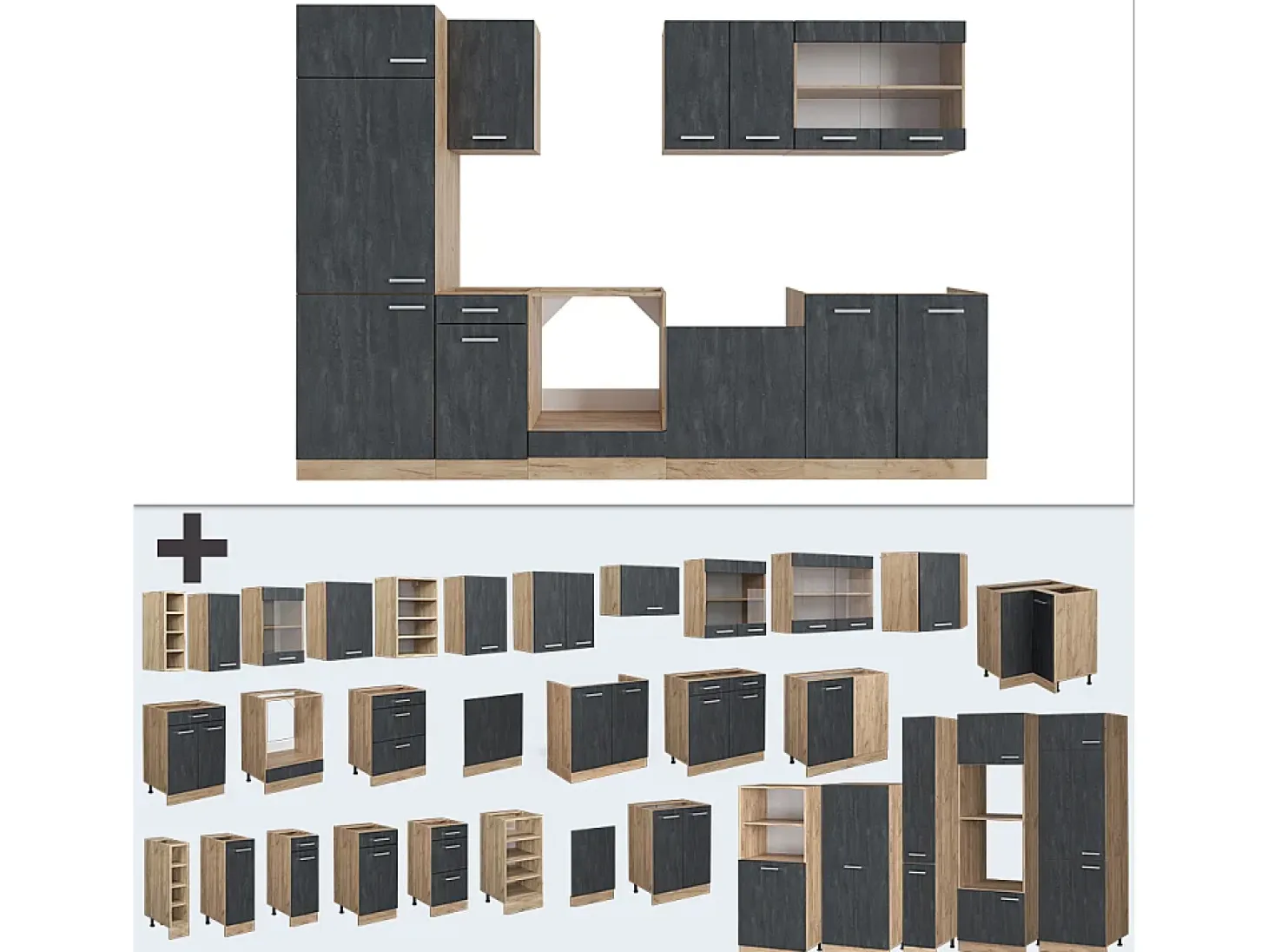 Mueble de cocina hormigón negro/roble dorado 300x60x81.6 r-line