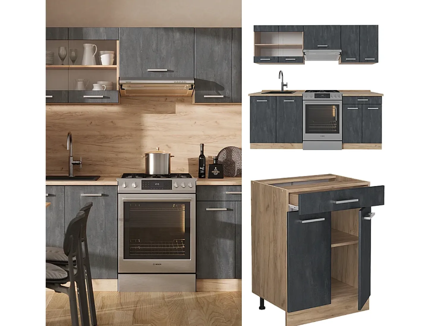 Mueble de cocina hormigón negro/roble dorado 200x60x81.6 r-line