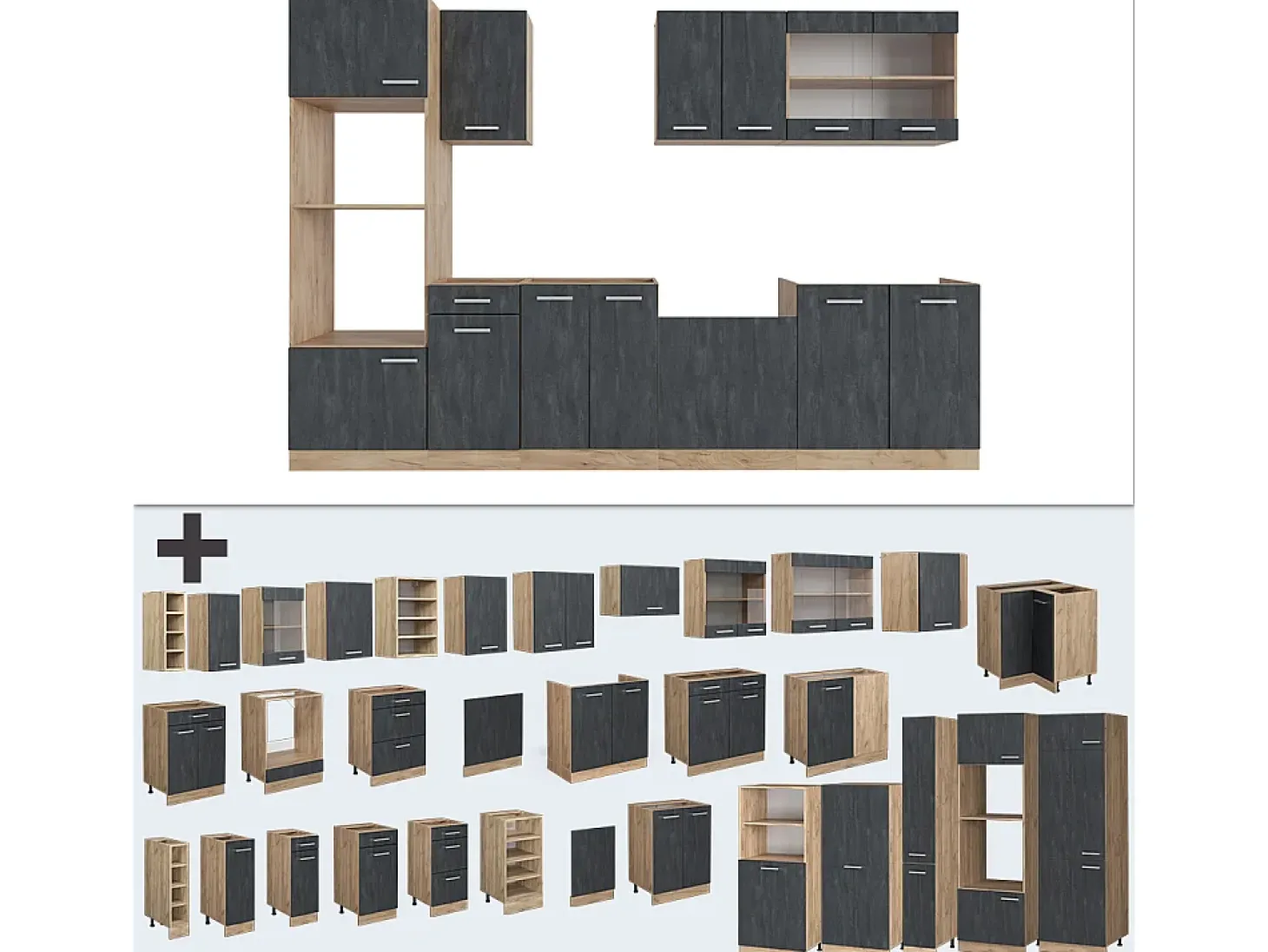 Mueble de cocina hormigón negro/roble dorado 300x60x81.6 r-line