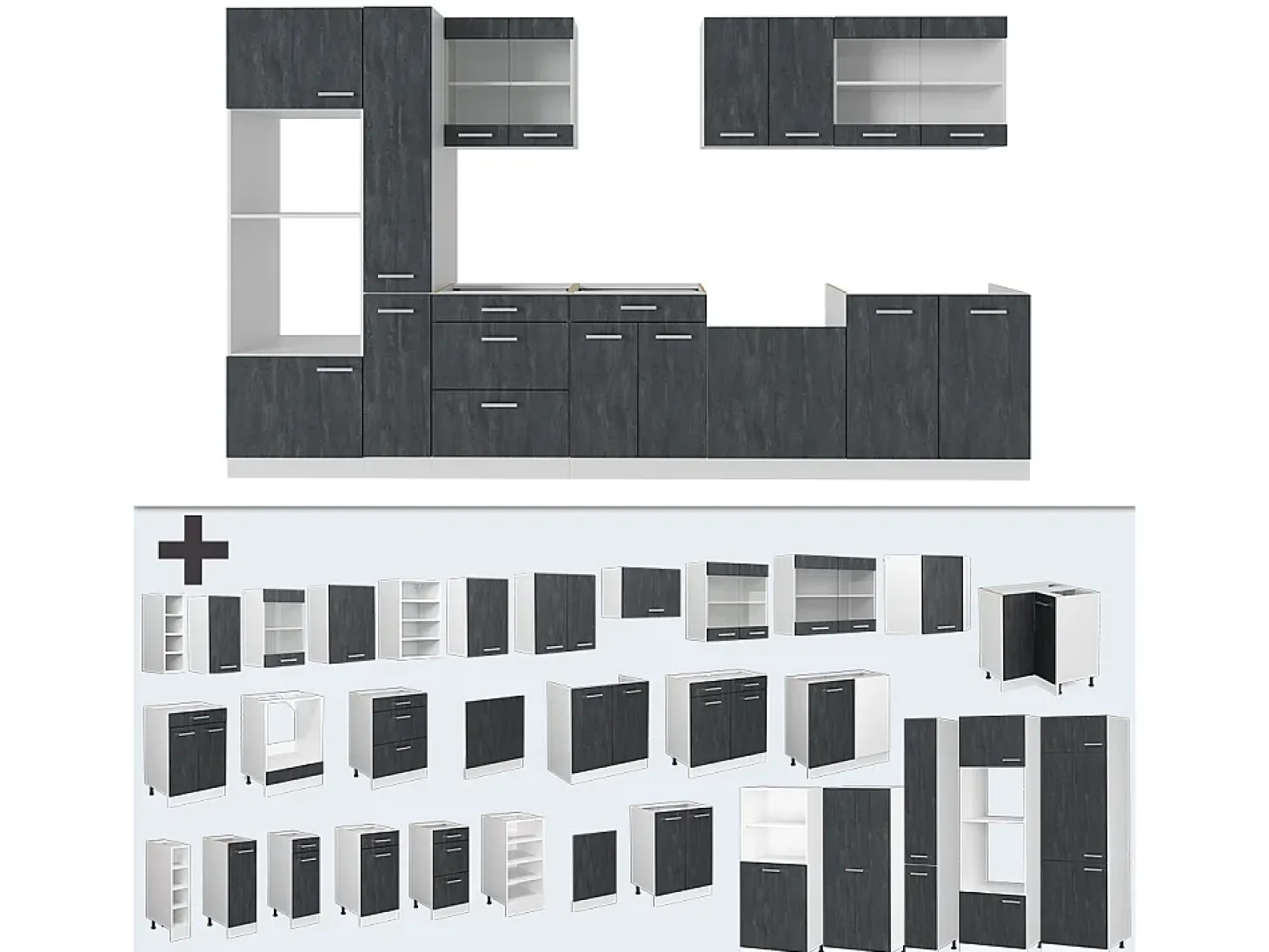 Mueble de cocina hormigón negro/blanco 350x46x81.6 r-line
