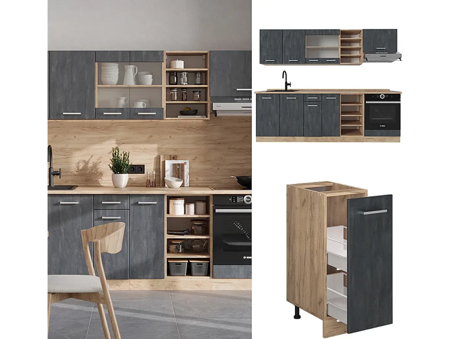 Mueble de cocina hormigón negro/roble dorado 240x60x81.6 r-line