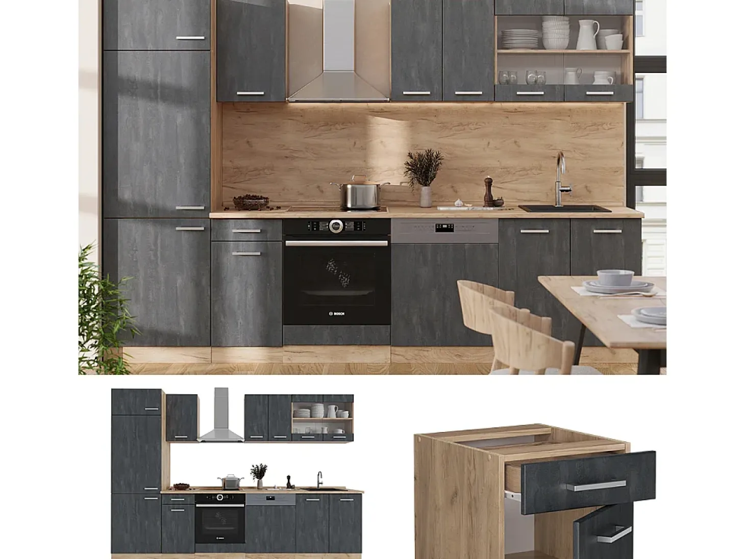 Mueble de cocina hormigón negro/roble dorado 300x60x81.6 r-line