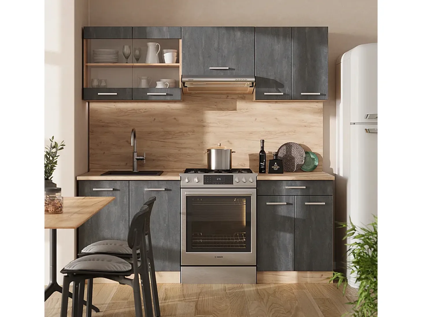 Mueble de cocina hormigón negro/roble dorado 200x46x81.6 r-line