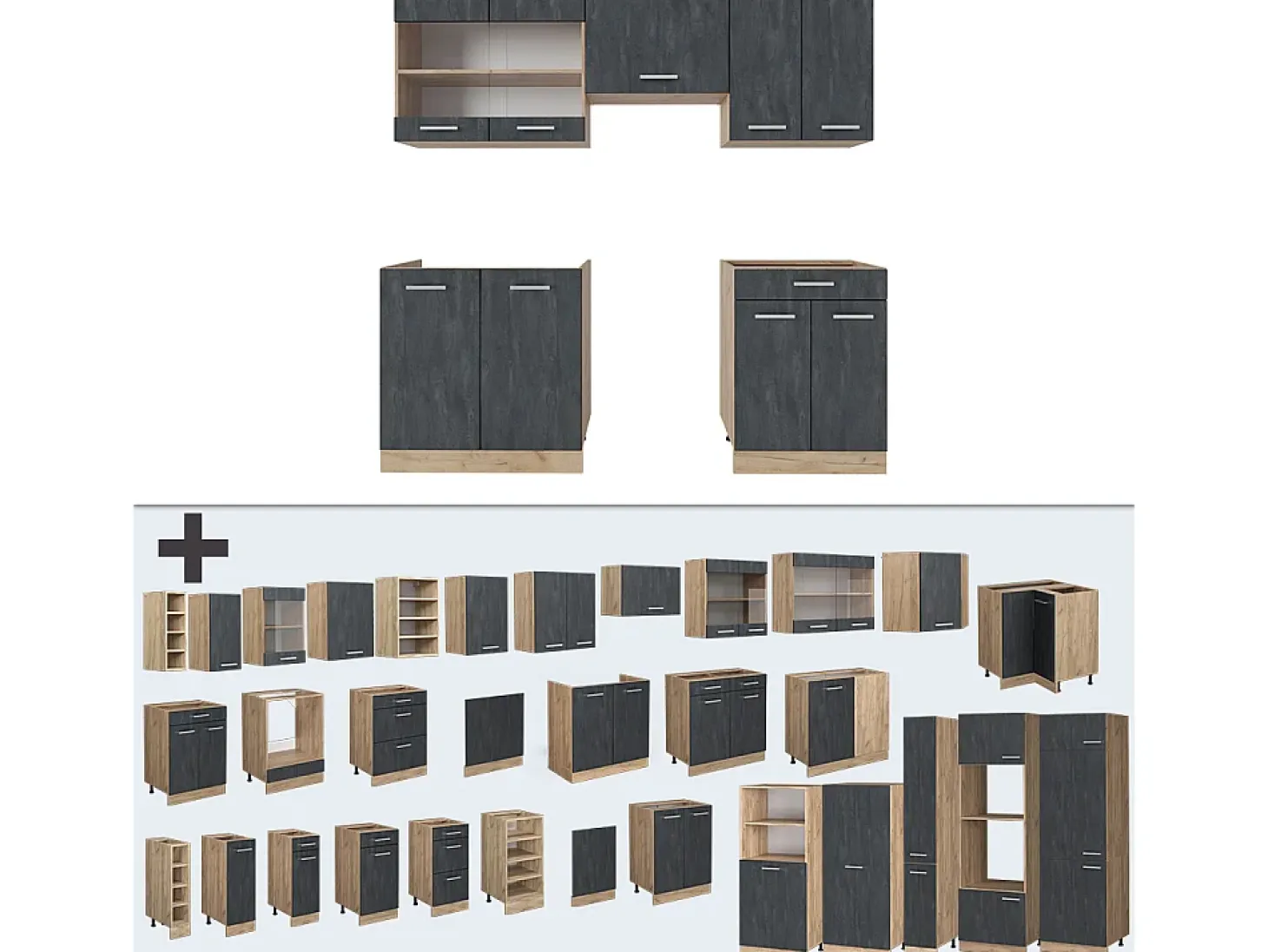 Mueble de cocina hormigón negro/roble dorado 200x46x81.6 r-line