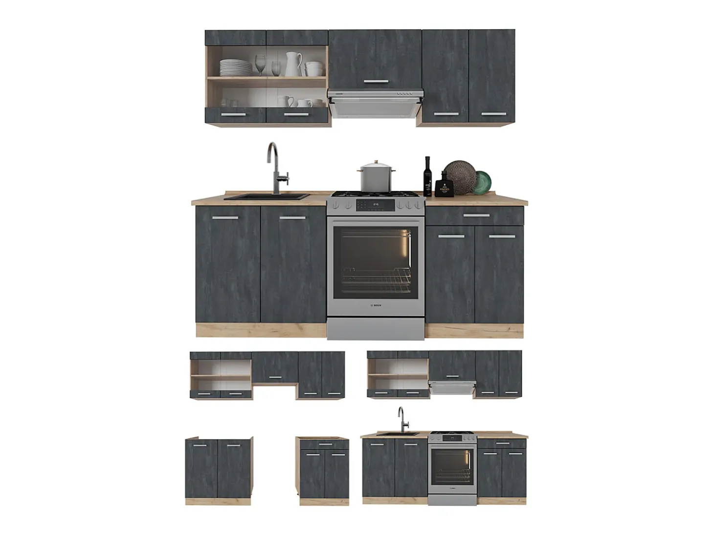 Mueble de cocina hormigón negro/roble dorado 200x46x81.6 r-line