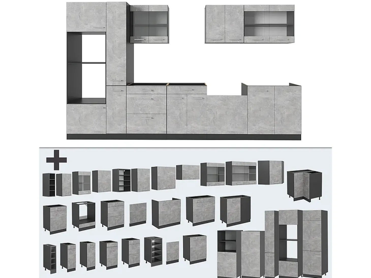 Mueble de cocina hormigón/antracita 350x46x81.6 r-line