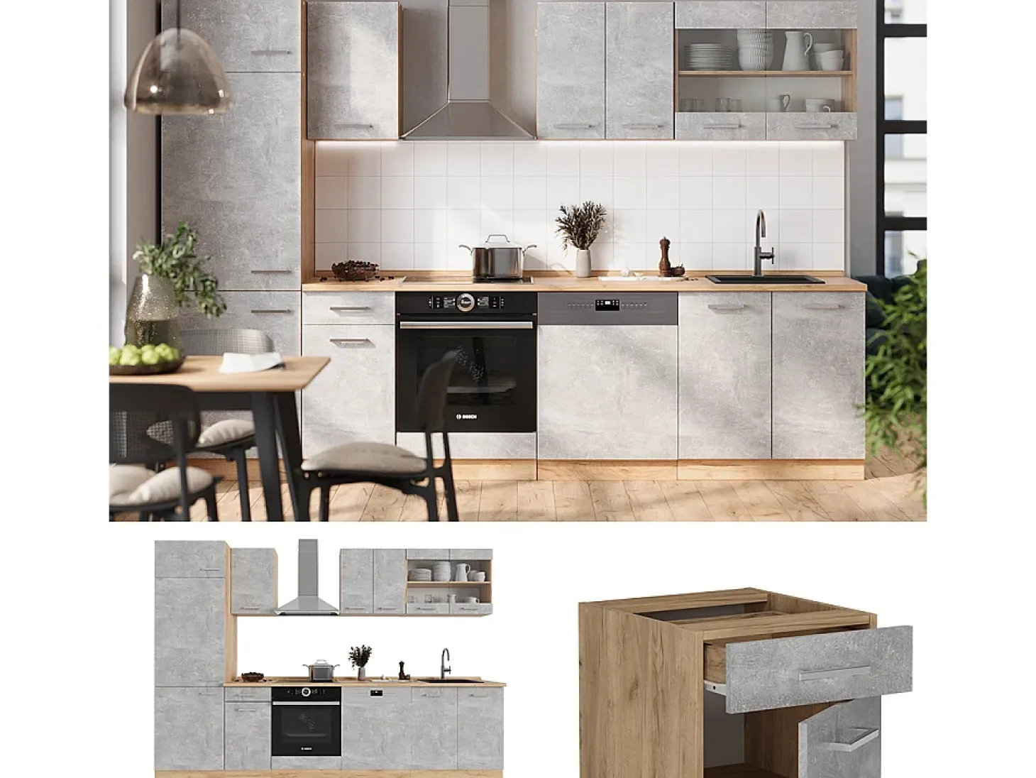 Mueble de cocina hormigón/roble dorado 300x60x81.6 r-line