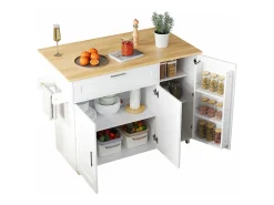 Mueble de cocina, mesa de cocina móvil, encimera plegable, especiero, toallero, 5 ruedas, 132,5x44(70)x90 cm, Blanco