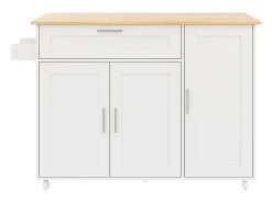 Mueble de cocina, mesa de cocina móvil, encimera plegable, especiero, toallero, 5 ruedas, 132,5x44(70)x90 cm, Blanco