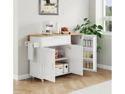 Mueble de cocina, mesa de cocina móvil, encimera plegable, especiero, toallero, 5 ruedas, 132,5x44(70)x90 cm, Blanco