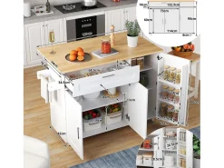 Mueble de cocina, mesa de cocina móvil, encimera plegable, especiero, toallero, 5 ruedas, 132,5x44(70)x90 cm, Blanco