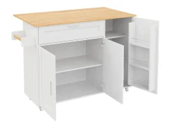 Mueble de cocina, mesa de cocina móvil, encimera plegable, especiero, toallero, 5 ruedas, 132,5x44(70)x90 cm, Blanco
